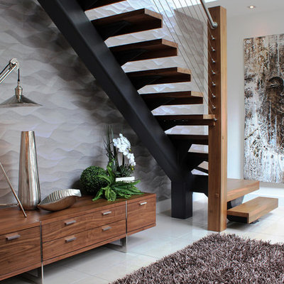 Staircase - contemporary wooden l-shaped open staircase idea in Glasgow