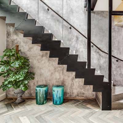 Example of a trendy wooden l-shaped staircase design in London with wooden risers