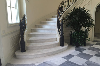 Ejemplo de escalera curva clásica grande con escalones de mármol, contrahuellas de mármol y barandilla de metal
