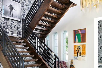 Mid-sized minimalist wooden l-shaped open and metal railing staircase photo in Dallas