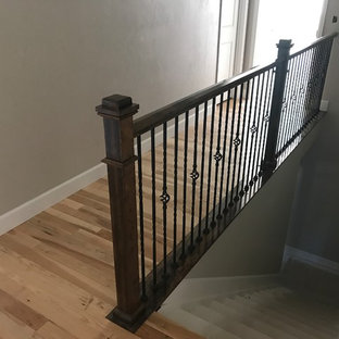Gerade, Mittelgroße Klassische Treppe mit Teppich-Treppenstufen, Teppich-Setzstufen und Stahlgeländer in Denver