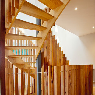 Inspiration for a large contemporary wooden curved wood railing staircase remodel in Auckland with wooden risers