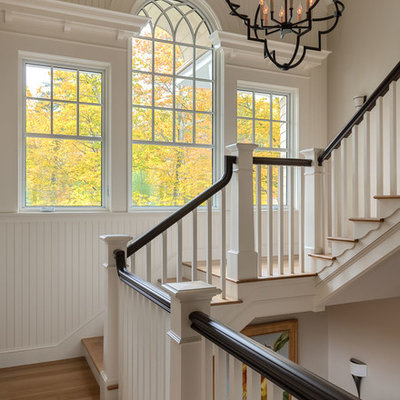 Staircase - coastal wooden u-shaped wood railing staircase idea in Boston with painted risers