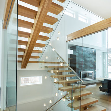 white oak mono stringer with stainless steel hand rail