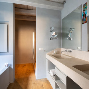 Foto di una grande stanza da bagno padronale mediterranea con ante grigie e due lavabi