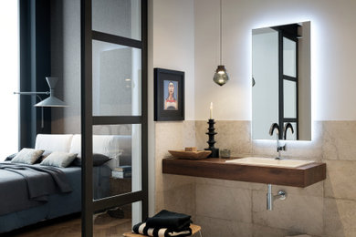 Ispirazione per una stanza da bagno con doccia design di medie dimensioni con piastrelle grigie, piastrelle in gres porcellanato, pareti bianche, pavimento in gres porcellanato, lavabo da incasso, pavimento grigio, top marrone e un lavabo