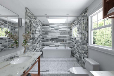 Пример оригинального дизайна: главная ванная комната в стиле модернизм с серой плиткой, мраморной плиткой и мраморной столешницей