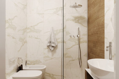 Idee per una piccola stanza da bagno moderna con piastrelle bianche, piastrelle in ceramica, pareti bianche, pavimento con piastrelle effetto legno e un lavabo