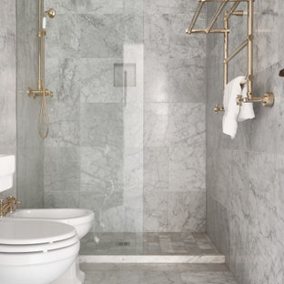 Idee per una stanza da bagno classica con doccia alcova, piastrelle grigie, pavimento grigio e doccia aperta