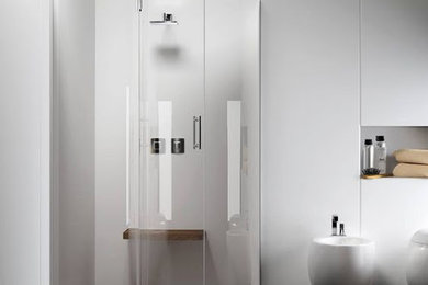 Immagine di una stanza da bagno con doccia moderna con doccia a filo pavimento e porta doccia a battente