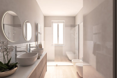 Idee per una grande stanza da bagno con doccia moderna con ante lisce, lavabo a bacinella, doccia aperta, top bianco, due lavabi e mobile bagno sospeso