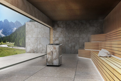 Inspiration for a rustic sauna bathroom in Other with light wood cabinets, beige tiles, stone slabs, beige walls, marble flooring and beige floors.