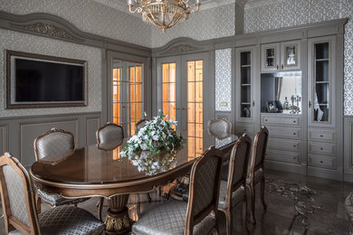 Photo of a traditional enclosed dining room in Moscow with grey walls.