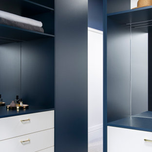 Diseño de armario y vestidor minimalista con puertas de armario azules