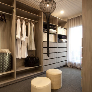 Immagine di armadi e cabine armadio unisex design di medie dimensioni con ante lisce e moquette