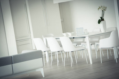 Idee per una sala da pranzo moderna con pareti bianche