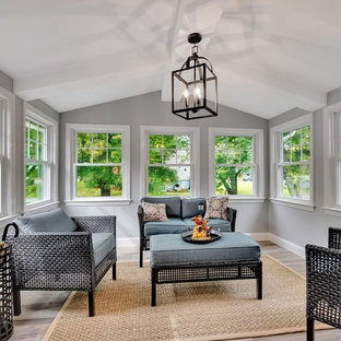 Example of a transitional gray floor and ceramic tile sunroom design in Boston with a standard ceiling
