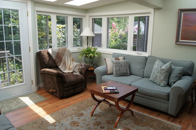 Mid-sized elegant medium tone wood floor sunroom photo in Toronto with no fireplace and a skylight
