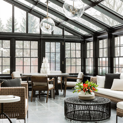 Example of a large classic slate floor and gray floor sunroom design in Boston with no fireplace and a glass ceiling