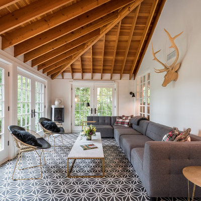 Inspiration for a large modern ceramic tile and multicolored floor sunroom remodel in Other with a standard ceiling and a corner fireplace