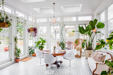 Inspiration for a transitional sunroom remodel in Boston with a skylight