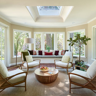 Example of a mid-sized classic terra-cotta tile and red floor sunroom design in Portland with no fireplace and a skylight