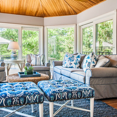 Mid-sized beach style medium tone wood floor and brown floor sunroom photo in Boston with no fireplace and a standard ceiling