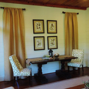 Faux Curatins on wall with Farmhouse Trestle table