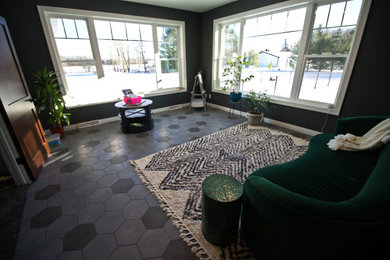 Inspiration for a mid-sized transitional porcelain tile and gray floor sunroom remodel in Other with a standard ceiling