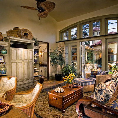 Large tuscan terra-cotta tile sunroom photo in Atlanta with a standard ceiling