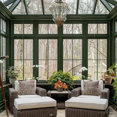 Sunroom - mid-sized traditional limestone floor and beige floor sunroom idea in New York with a glass ceiling