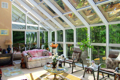 This is an example of a large classic conservatory in Baltimore with ceramic flooring, no fireplace and a glass ceiling.