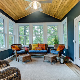 Example of a transitional medium tone wood floor and brown floor sunroom design in Other with no fireplace and a standard ceiling