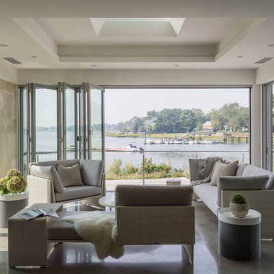 Sunroom - mid-sized modern concrete floor and gray floor sunroom idea in New York with a skylight