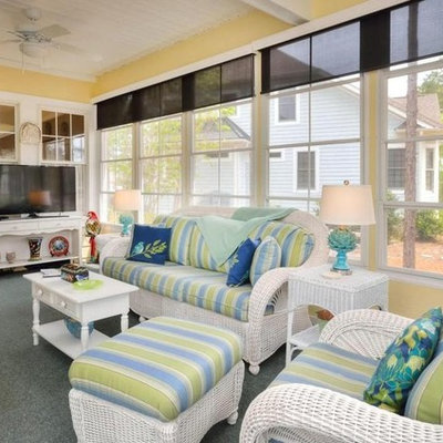 Sunroom - huge coastal carpeted and blue floor sunroom idea in Wilmington with no fireplace and a standard ceiling