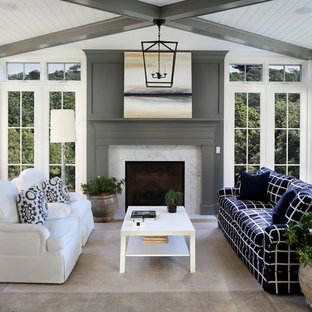 Sunroom - mid-sized country gray floor sunroom idea in San Francisco with a standard fireplace, a standard ceiling and a stone fireplace