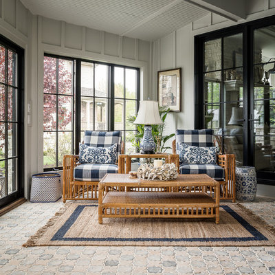 Inspiration for a country brick floor and multicolored floor sunroom remodel in Chicago with a standard ceiling