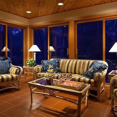 Sunroom - small coastal ceramic tile and brown floor sunroom idea in Nashville with a standard ceiling