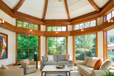 Inspiration for a transitional travertine floor sunroom remodel in New York with a standard ceiling