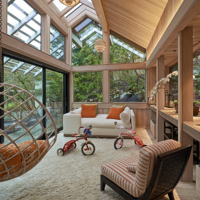 Sunroom - large contemporary sunroom idea in Portland with a skylight