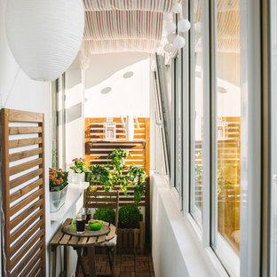 Esempio di una piccola veranda scandinava con pavimento in legno massello medio e soffitto classico