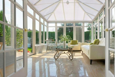Large transitional porcelain tile sunroom photo in New York with a glass ceiling