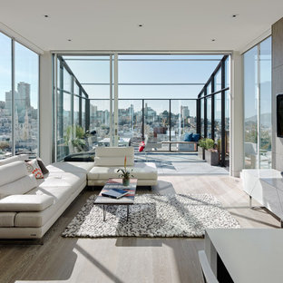 Inspiration for a contemporary sunroom remodel in San Francisco with a glass ceiling