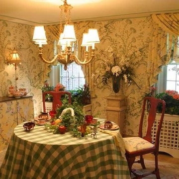 Wallpaper and patterned draperies.