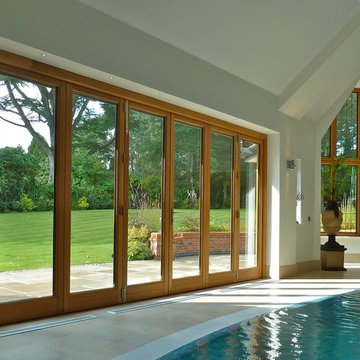 Pool hall sliding doors and bay seating area