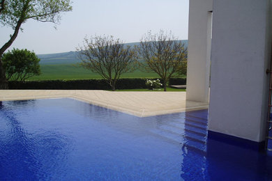 Inspiration for a medium sized rural back l-shaped natural swimming pool in Sussex with concrete paving.