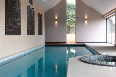 На фото: бассейн среднего размера, произвольной формы на боковом дворе в стиле модернизм с домиком у бассейна и покрытием из каменной брусчатки с