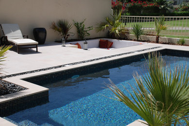 Foto de piscina elevada contemporánea de tamaño medio rectangular en patio trasero con paisajismo de piscina y adoquines de piedra natural