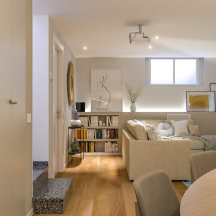 Idées déco pour un grand sous-sol scandinave enterré avec salle de cinéma, un mur multicolore, un sol en bois clair, une cheminée ribbon, un manteau de cheminée en plâtre et un plafond décaissé.