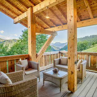 Idées déco pour une terrasse montagne avec une extension de toiture.